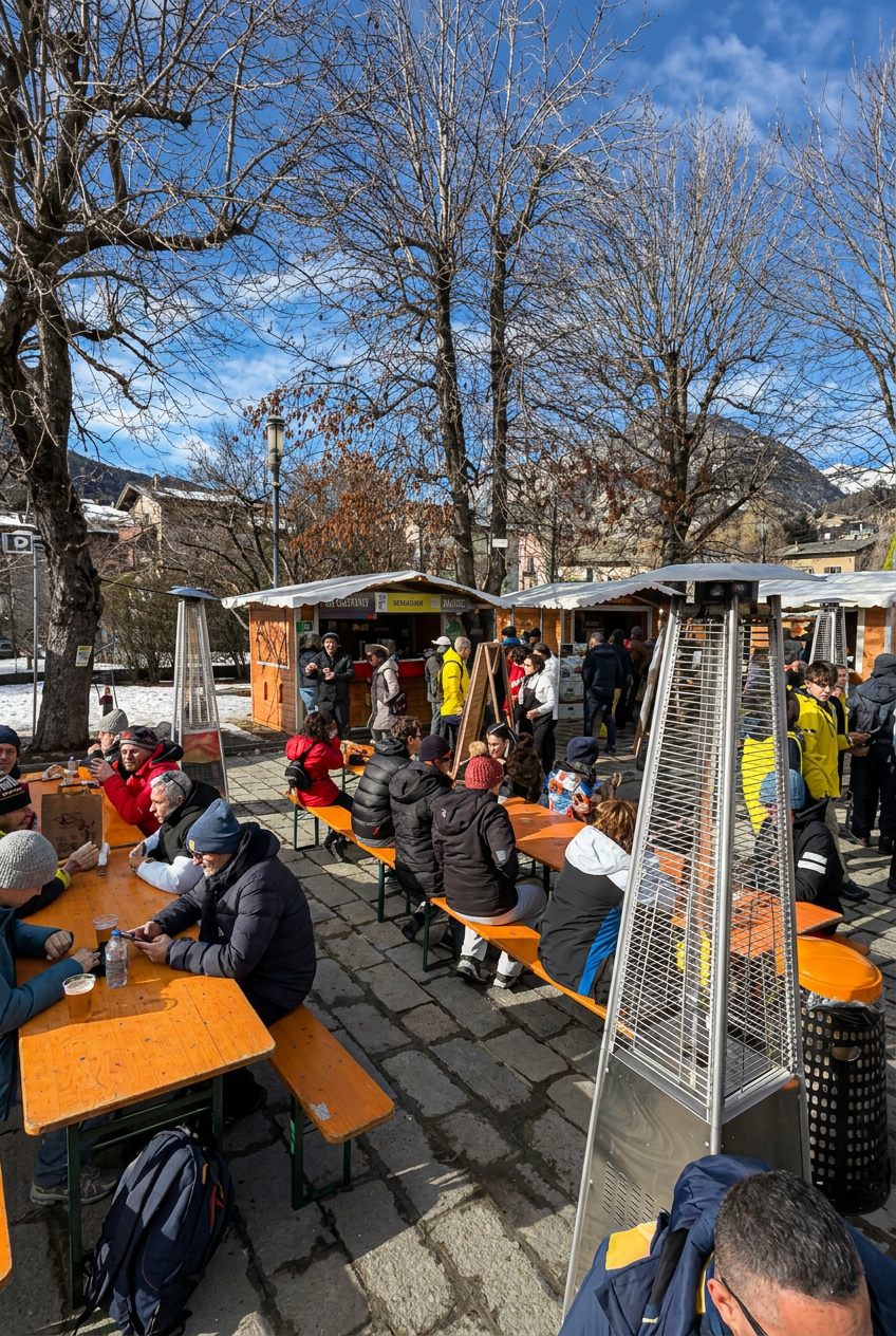Tavolate all'aperto davanti alle casette a Bormio