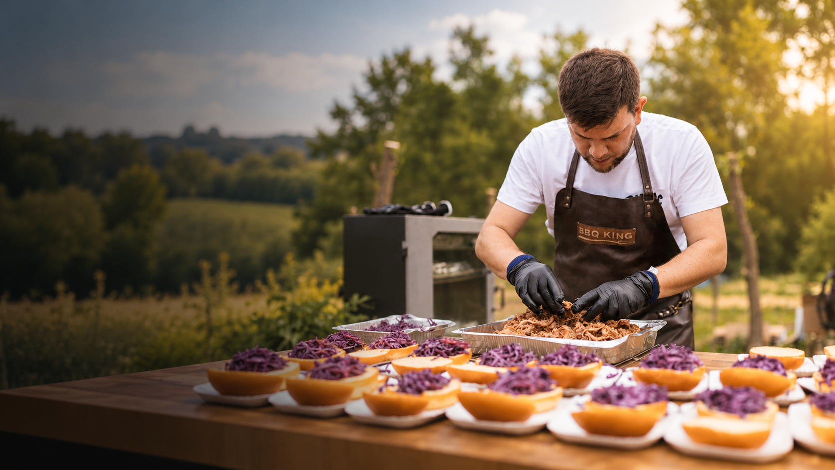 Cuoco prepara panini al barbecue all'aperto al tramonto